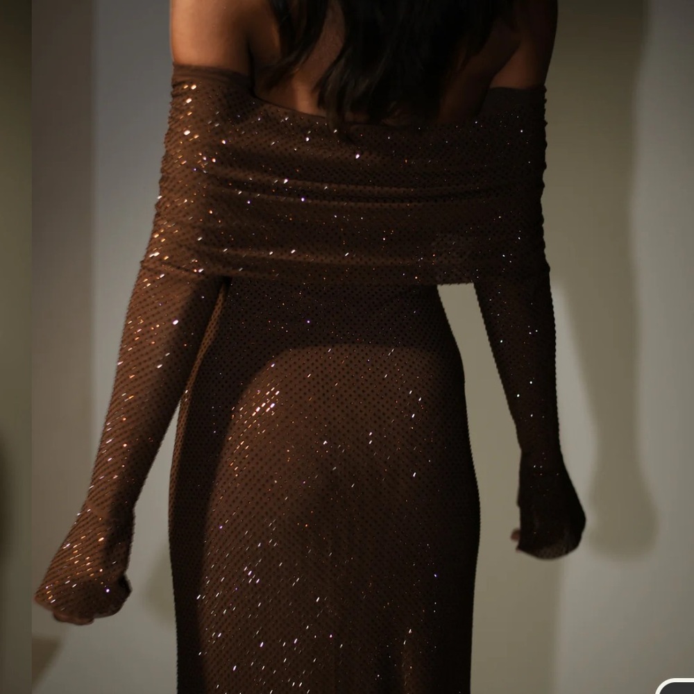 Meshki Marcel Off Shoulder Diamante Maxi Dress - Chocolate - Picture 2 of 4